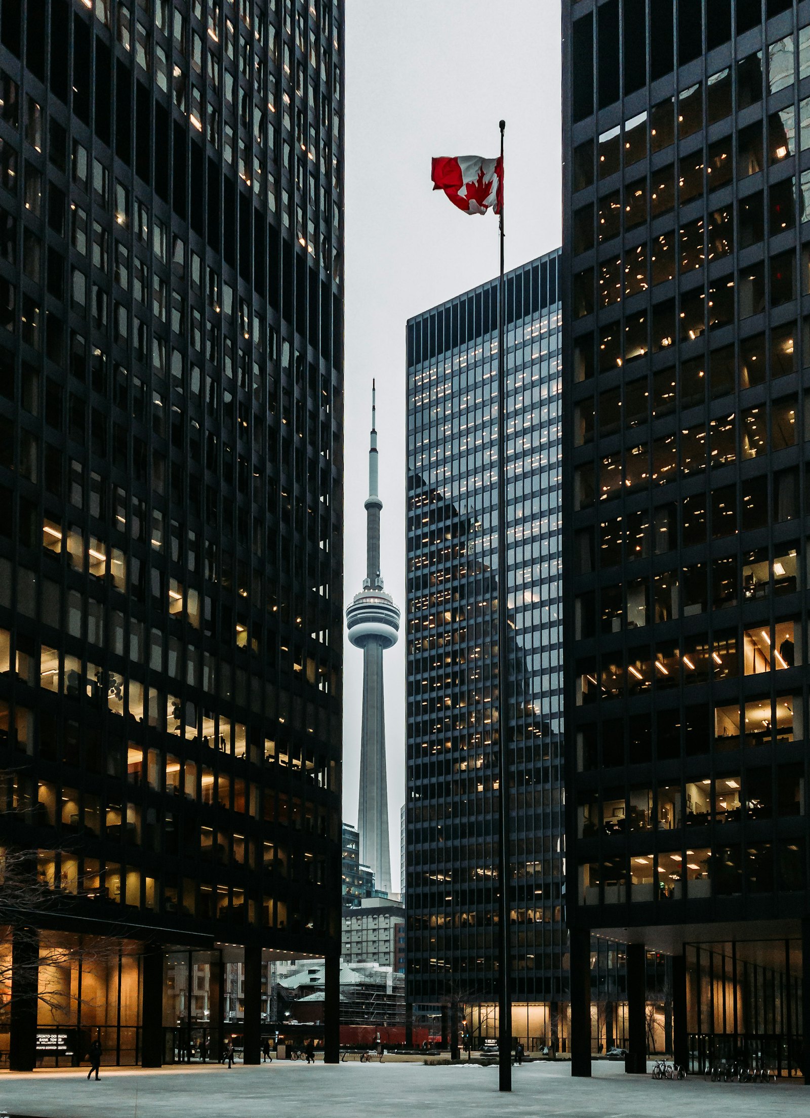 多伦多金融区摩天大楼与加拿大国旗,CN Tower 矗立其中
